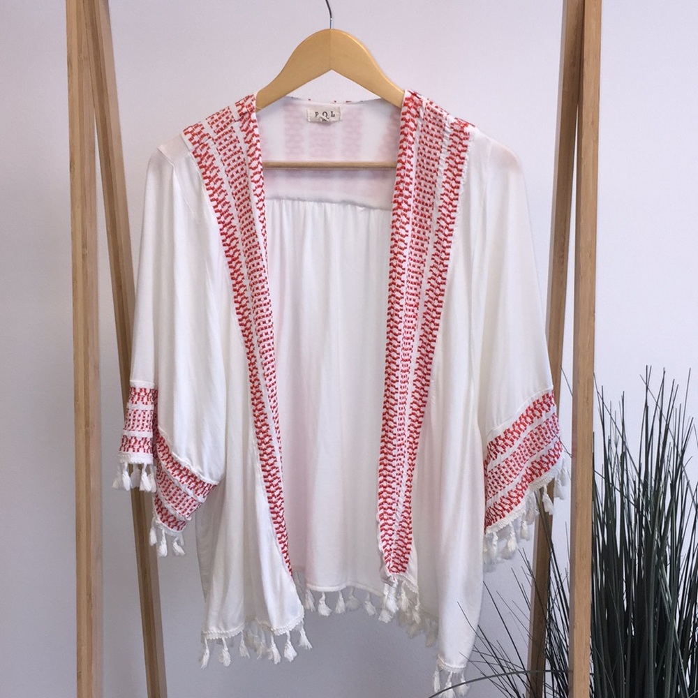 Anthropologie White Kimono Cardigan with Red Embroidery